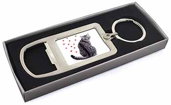 Silver Tabby Cat with Red Hearts Chrome Metal Bottle Opener Keyring in Box