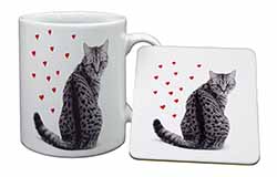 Silver Tabby Cat with Red Hearts Mug and Coaster Set