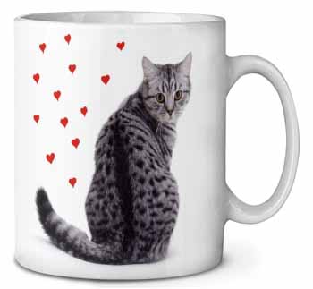 Silver Tabby Cat with Red Hearts Ceramic 10oz Coffee Mug/Tea Cup