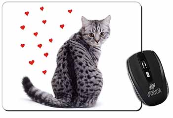 Silver Tabby Cat with Red Hearts Computer Mouse Mat