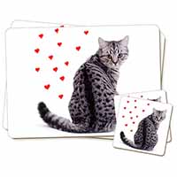 Silver Tabby Cat with Red Hearts Twin 2x Placemats and 2x Coasters Set in Gift B