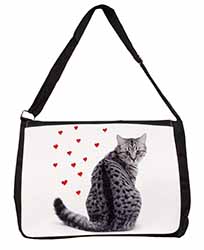 Silver Tabby Cat with Red Hearts Large Black Laptop Shoulder Bag School/College