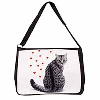 Silver Tabby Cat with Red Hearts Large Black Laptop Shoulder Bag School/College