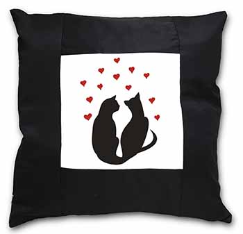 Cat Silhouette with Hearts Black Satin Feel Scatter Cushion