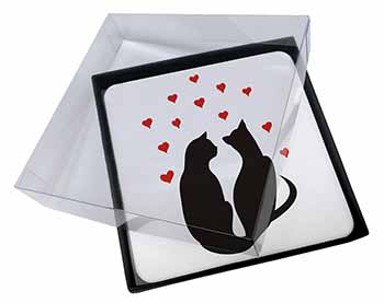 4x Cat Silhouette with Hearts Picture Table Coasters Set in Gift Box