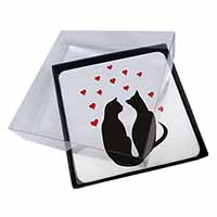 4x Cat Silhouette with Hearts Picture Table Coasters Set in Gift Box