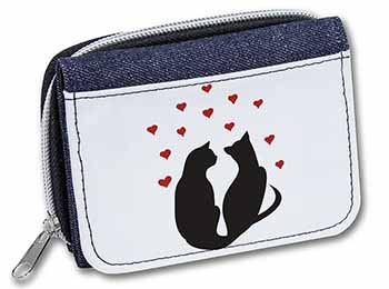 Cat Silhouette with Hearts Unisex Denim Purse Wallet