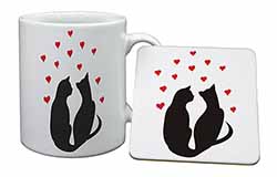Cat Silhouette with Hearts Mug and Coaster Set