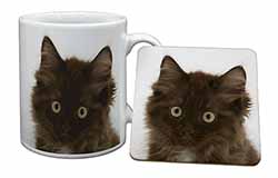 Fluffy Brown Kittens Face Mug and Coaster Set