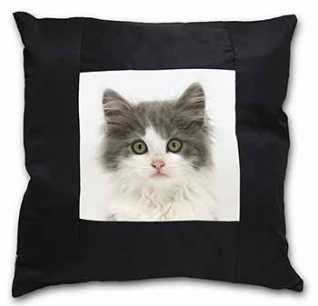 Grey, White Kittens Face Black Satin Feel Scatter Cushion