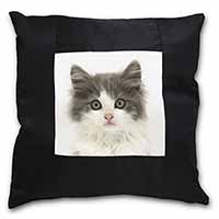 Grey, White Kittens Face Black Satin Feel Scatter Cushion