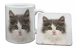 Grey, White Kittens Face Mug and Coaster Set