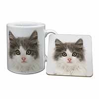 Grey, White Kittens Face Mug and Coaster Set