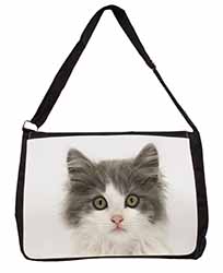 Grey, White Kittens Face Large Black Laptop Shoulder Bag School/College