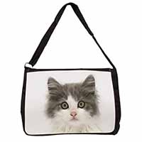 Grey, White Kittens Face Large Black Laptop Shoulder Bag School/College