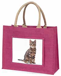 Brown Tabby Cat Large Pink Jute Shopping Bag