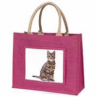 Brown Tabby Cat Large Pink Jute Shopping Bag