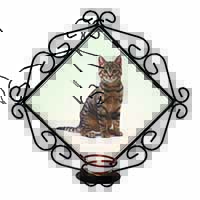 Brown Tabby Cat Wrought Iron Wall Art Candle Holder