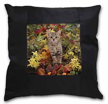 Tabby Kitten in Foilage Black Satin Feel Scatter Cushion