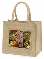 Tabby Kitten in Foilage Natural/Beige Jute Large Shopping Bag
