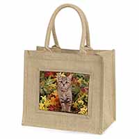 Tabby Kitten in Foilage Natural/Beige Jute Large Shopping Bag