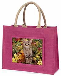 Tabby Kitten in Foilage Large Pink Jute Shopping Bag