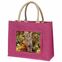 Tabby Kitten in Foilage Large Pink Jute Shopping Bag
