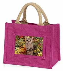 Tabby Kitten in Foilage Little Girls Small Pink Jute Shopping Bag
