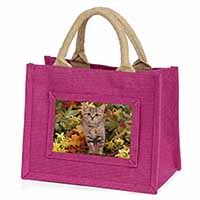 Tabby Kitten in Foilage Little Girls Small Pink Jute Shopping Bag