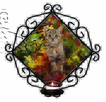 Tabby Kitten in Foilage Wrought Iron Wall Art Candle Holder