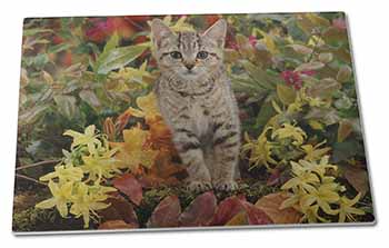 Large Glass Cutting Chopping Board Tabby Kitten in Foilage