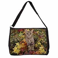 Tabby Kitten in Foilage Large Black Laptop Shoulder Bag School/College