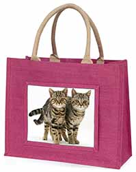 Brown Tabby Cats Large Pink Jute Shopping Bag