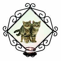 Brown Tabby Cats Wrought Iron Wall Art Candle Holder