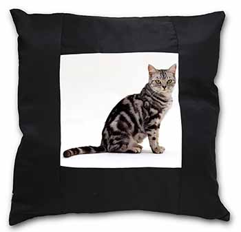 Pretty Tabby Cat Black Satin Feel Scatter Cushion