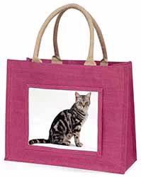 Pretty Tabby Cat Large Pink Jute Shopping Bag