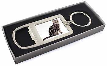 Pretty Tabby Cat Chrome Metal Bottle Opener Keyring in Box
