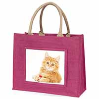 Fluffy Ginger Kitten Large Pink Jute Shopping Bag