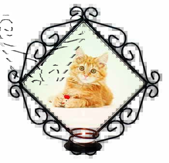Fluffy Ginger Kitten Wrought Iron Wall Art Candle Holder