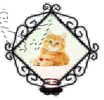 Fluffy Ginger Kitten Wrought Iron Wall Art Candle Holder