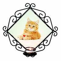 Fluffy Ginger Kitten Wrought Iron Wall Art Candle Holder