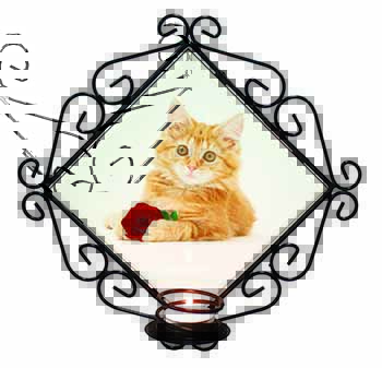 Ginger Kitten with Red Rose Wrought Iron Wall Art Candle Holder