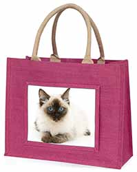 Ragdoll Cat with Blue Eyes Large Pink Jute Shopping Bag