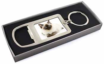 Ragdoll Cat with Blue Eyes Chrome Metal Bottle Opener Keyring in Box