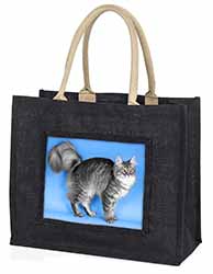 Silver Maine Coon Cat Large Black Jute Shopping Bag