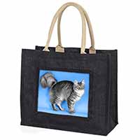 Silver Maine Coon Cat Large Black Jute Shopping Bag