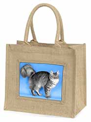 Silver Maine Coon Cat Natural/Beige Jute Large Shopping Bag