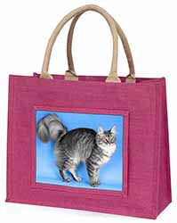 Silver Maine Coon Cat Large Pink Jute Shopping Bag