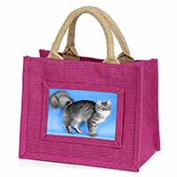 Silver Maine Coon Cat Little Girls Small Pink Jute Shopping Bag