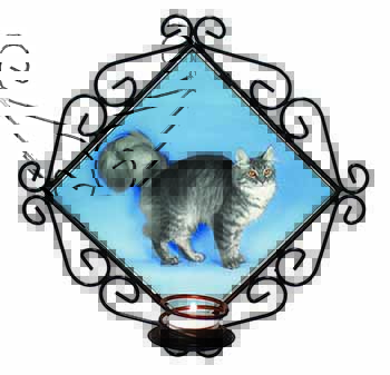 Silver Maine Coon Cat Wrought Iron Wall Art Candle Holder